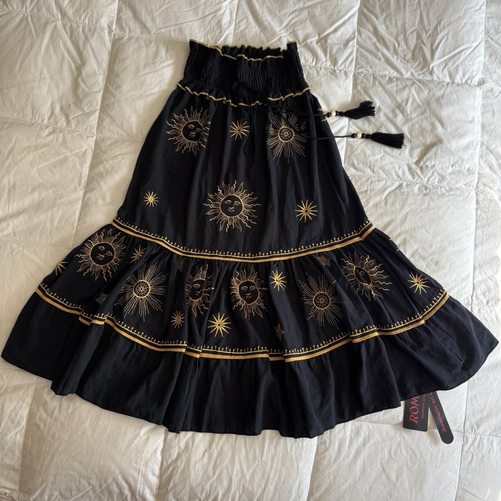 NWT Celestial Tiered Maxi Skirt Women XS Black Gold Dark Boho Whimsigoth Cosmic